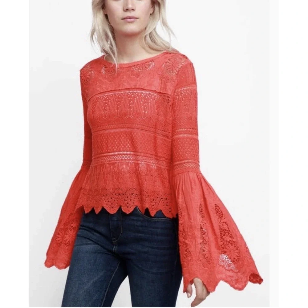 Free People Women's Flare Bell Sleeve Knit Crochet Eyelet Orange Red Size S Boho
